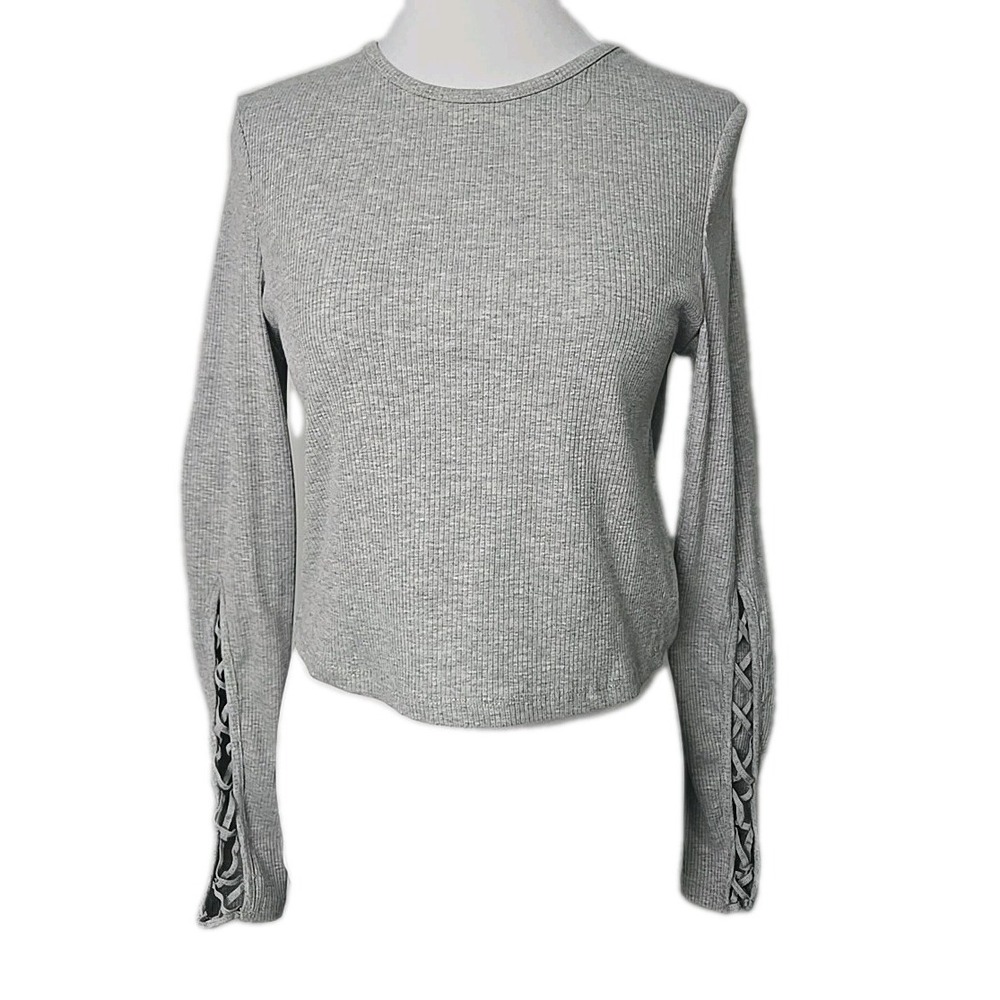 TopShop Gray Ribbed Cropped Top w/Corset Insert Sleeves Junior (runs small-read)